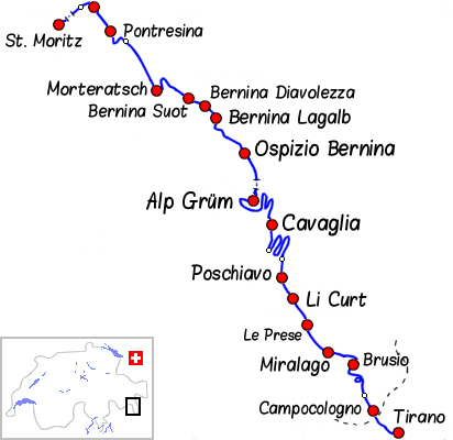 La ligne de la Bernina entre Pontresina et Tirano. Noter les circonvolutions entre l'Alp Grm et Poschiavo - Rhtische Bahn, Chemins de fer rhtiques